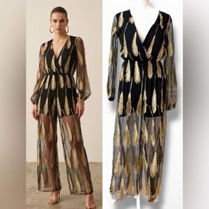 Vintage 90s LAN Classic Metallic Gold 3D Feather Mesh Maxi Romper Festival Glam